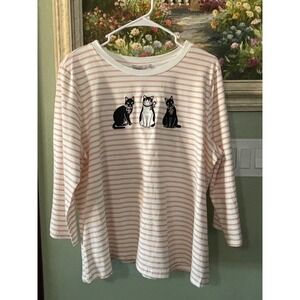 Carolyn Taylor White Peach Striped Cat Embroidered 3/4 Sleeve Top Women 2X  New